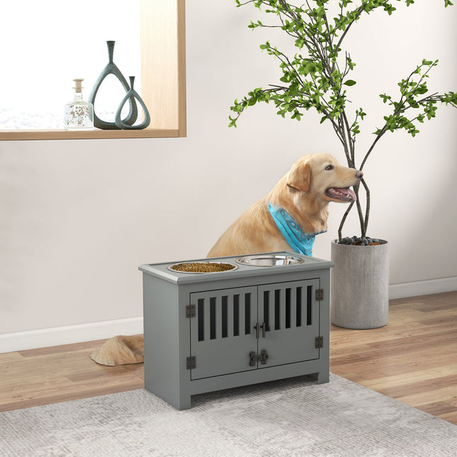 PAWROOM - Forhøjet foderstation til store hunde, 2 skåle i rustfrit stål, opbevaringsplads, 35,5x60x30 cm, grå