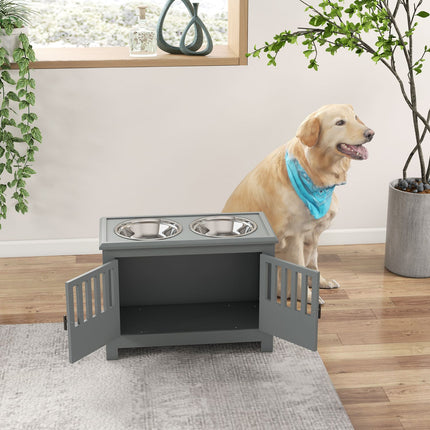 PAWROOM - Raised feeding station for large dogs, 2 stainless steel bowls, storage space, 35.5x60x30 cm, grey