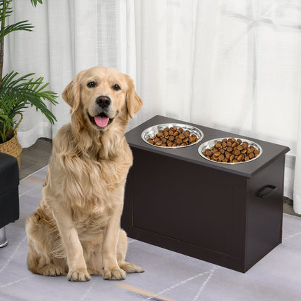 PAWROOM - Hundefoderskål Med Opbevaringsplads 2 Skåle Foderstation Rustfri Stålskål Katteskål Mdf Rustfri Stål Espresso 60 X 30 X 41 Cm