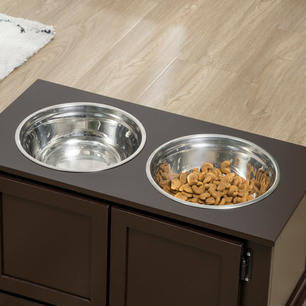 PAWROOM - Hævede hundeskåle med opbevaringsplads, 2 skåle, til store hunde, vandskål, madskål, hundeskålsstativ, 60 cm x 30 cm x 34 cm, kaffe