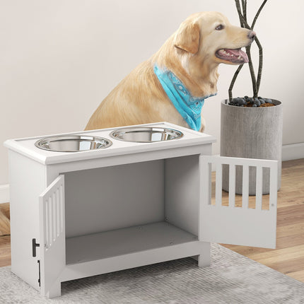 PAWROOM - Foderskål, hævet foderstation med 2L foderskål i rustfrit stål, opbevaringsplads, dobbeltdør med lås, hundestang til ekstra store hunde, hvid