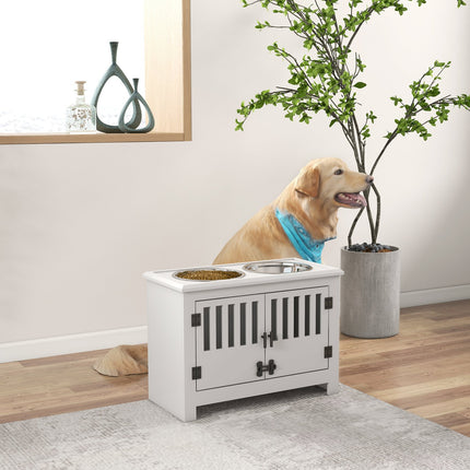 PAWROOM - Foderskål, hævet foderstation med 2L foderskål i rustfrit stål, opbevaringsplads, dobbeltdør med lås, hundestang til ekstra store hunde, hvid