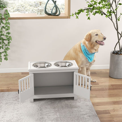 PAWROOM - Foderskål, hævet foderstation med 2L foderskål i rustfrit stål, opbevaringsplads, dobbeltdør med lås, hundestang til ekstra store hunde, hvid