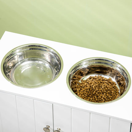PAWROOM - Hundeskåle, Forhøjet Foderstation Med 2 Skåle I Rustfrit Stål, Stativ Til Hundeskåle Med 44L Lagerplads, Magnetiske Døre, Madskål, Vandskål, Hvid