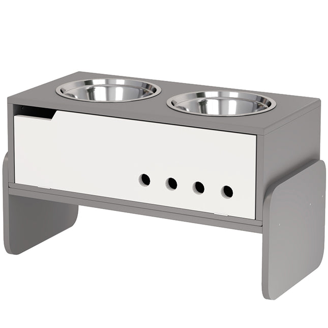 PAWROOM - Hævet hundeskål, 3 niveauer højdejusterbar madskål til hunde med opbevaringsplads, anti-slyngemåtte, foderskål med 2 x 2L skåle i rustfrit stål, til mellemstore til ekstra store hunde, grå