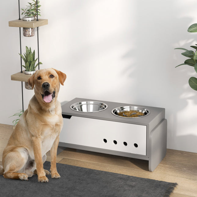 PAWROOM - Hævet hundeskål, 3 niveauer højdejusterbar madskål til hunde med opbevaringsplads, anti-slyngemåtte, foderskål med 2 x 2L skåle i rustfrit stål, til mellemstore til ekstra store hunde, grå