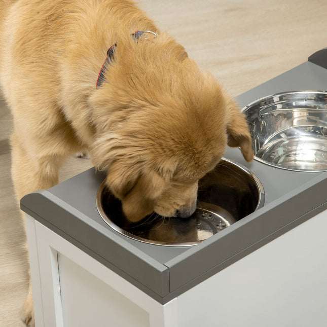 PAWROOM - Hundeskål Med Skuffe 2X2L Forhøjet Rustfrit Stål Foderstation Til Katte/Hunde, Hvid