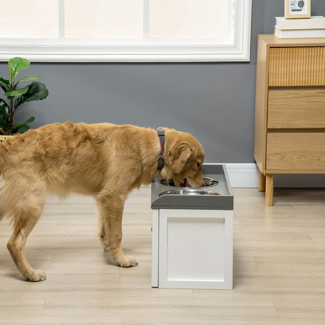 PAWROOM - Hundeskål Med Skuffe 2X2L Forhøjet Rustfrit Stål Foderstation Til Katte/Hunde, Hvid