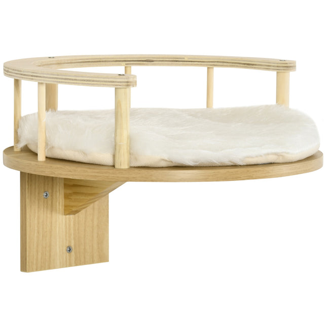 PAWROOM - Katteseng Til Vægmontering Katteseng Med Beskyttende Kant & Pude, Eg + Cremehvid, Ø34X10,5 Cm