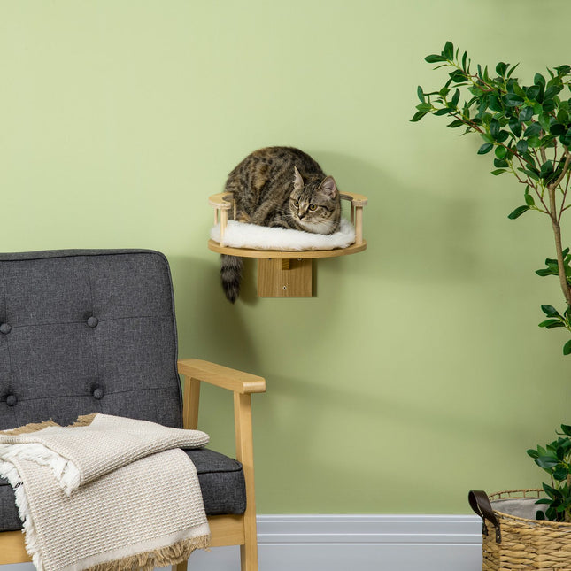 PAWROOM - Katteseng Til Vægmontering Katteseng Med Beskyttende Kant & Pude, Eg + Cremehvid, Ø34X10,5 Cm