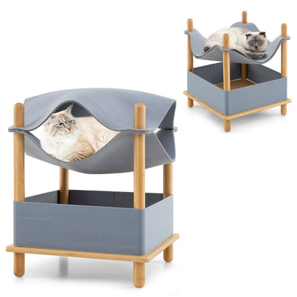 PAWROOM - Cat house 2 levels bamboo raised cat bed with storage space 40 x 40 x 53 cm natural + gray