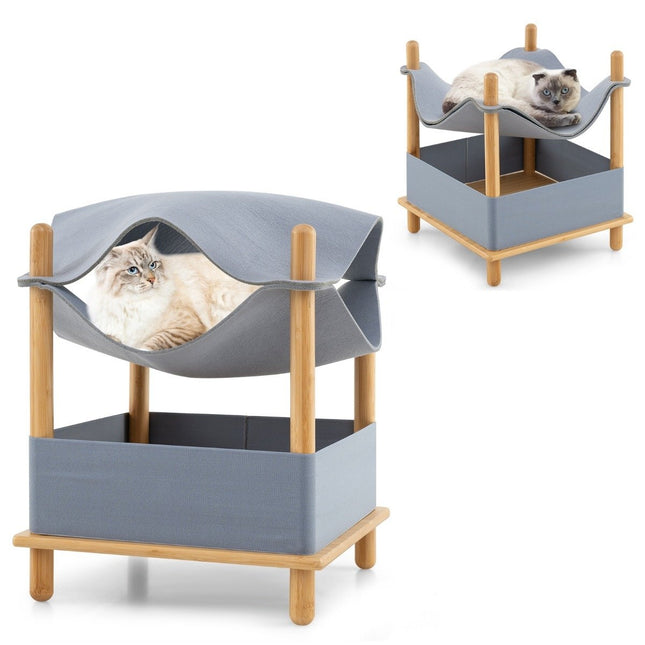 PAWROOM - Kattehus 2 niveauer bambus høj katteseng med opbevaringsplads 40 x 40 x 53 cm natur + grå
