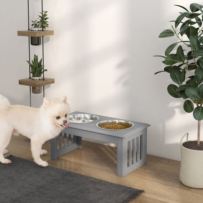 PAWROOM - Hundeskål med 2 skåle, 2 L madskål, hævet kattefoderskål, nem pleje, rustfrit stål grå, 58,4 x 30,5 x 25,4 cm