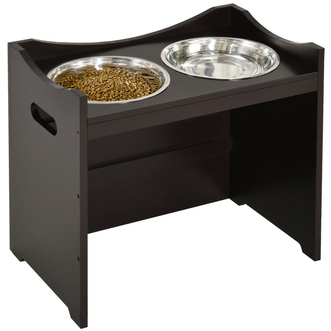 PAWROOM - Højdejusterbar Hundeskål, Foderstation Med Skål I Rustfrit Stål, Til Hunde Og Katte, Mdf, Mørkebrun, 54X31,5X47Cm