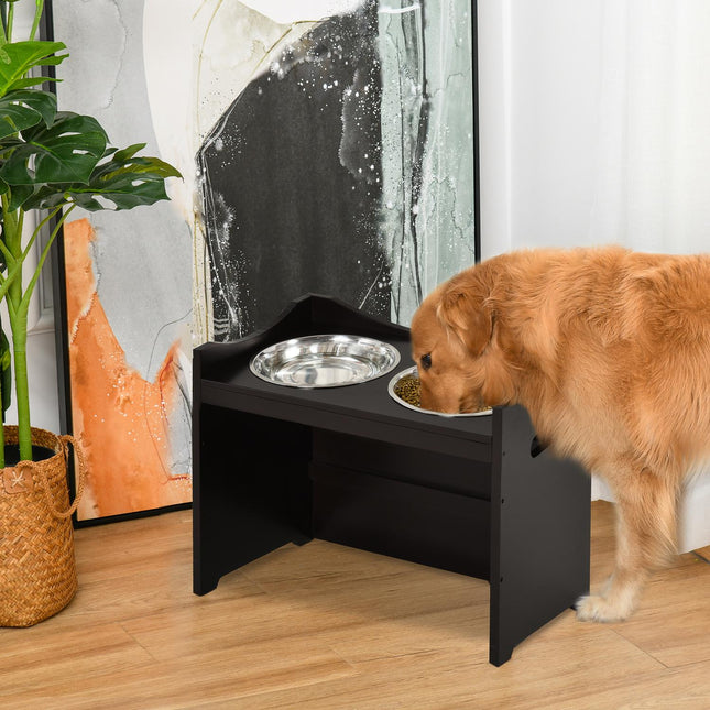 PAWROOM - Højdejusterbar Hundeskål, Foderstation Med Skål I Rustfrit Stål, Til Hunde Og Katte, Mdf, Mørkebrun, 54X31,5X47Cm