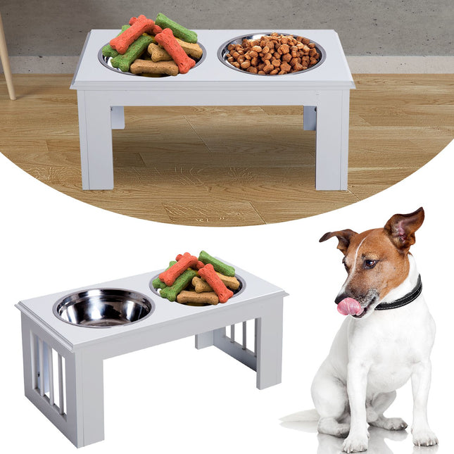 PAWROOM - Raised dog food bowl with stainless steel, easy to care for, white