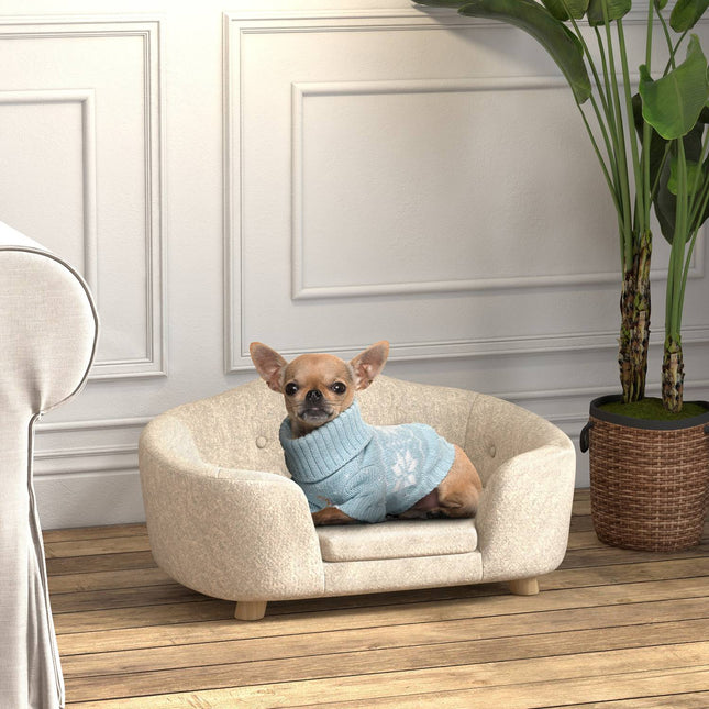 PAWROOM - Hundesofa baglomme plysbetræk med pude, katteseng, velegnet til små hunde, fyrretræ, 70 x 47 x 30 cm, cremehvid