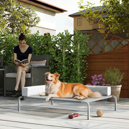 PAWROOM - Udendørs hundeseng, højhundeseng til mellemstore hunde, med L-formet pude 110x75x30 cm, lysegrå