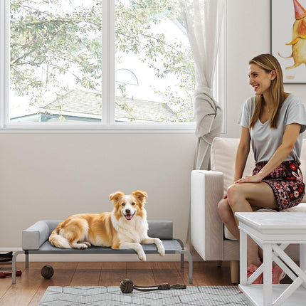 PAWROOM - Udendørs hundeseng, højhundeseng til mellemstore hunde, med L-formet pude 110x75x30 cm, lysegrå