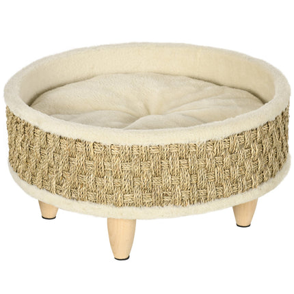 PAWROOM - Hundeseng Forhøjet Kæledyrsseng Med Vaskbar Pude, Søgræsreb Og Træben, Rund, Beige+Khaki, 48X48X24,5 Cm