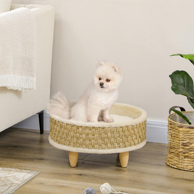 PAWROOM - Hundeseng Forhøjet Kæledyrsseng Med Vaskbar Pude, Søgræsreb Og Træben, Rund, Beige+Khaki, 48X48X24,5 Cm