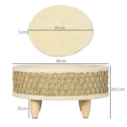 PAWROOM - Hundeseng Forhøjet Kæledyrsseng Med Vaskbar Pude, Søgræsreb Og Træben, Rund, Beige+Khaki, 48X48X24,5 Cm