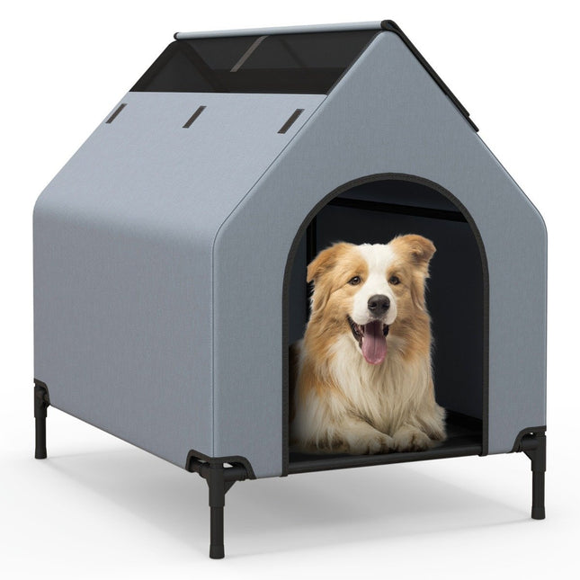 PAWROOM - 2 i 1 hundehus &amp; Hævet hundeseng Hundestol udendørs kæledyrshus med åndbart mesh grå 64 x 91 x 86 cm