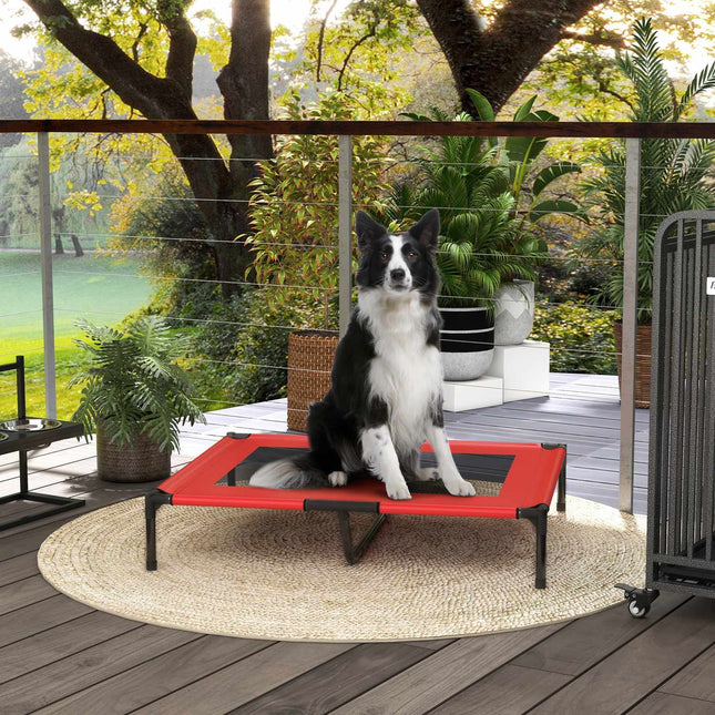 PAWROOM - Forhøjet hundeseng, kæledyrsseng, udendørs hundeseng, åndbar soveplads, til store hunde, camping, Oxford, rød, 92 x 76 x 18 cm