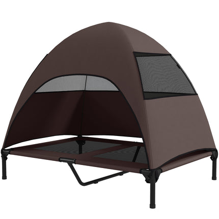 PAWROOM - Udendørs hundeseng med tag, forhøjet hundeseng til store hunde, kølende kæledyrsseng med vaskbar mesh metalramme bæretaske, kæledyrsseng til udendørs camping 106x76x99cm, kaffe