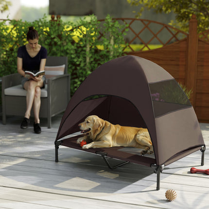 PAWROOM - Udendørs hundeseng med tag, forhøjet hundeseng til store hunde, kølende kæledyrsseng med vaskbar mesh metalramme bæretaske, kæledyrsseng til udendørs camping 106x76x99cm, kaffe