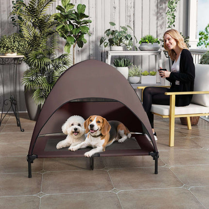 PAWROOM - Udendørs hundeseng med tag, forhøjet hundeseng til store hunde, kølende kæledyrsseng med vaskbar mesh metalramme bæretaske, kæledyrsseng til udendørs camping 106x76x99cm, kaffe