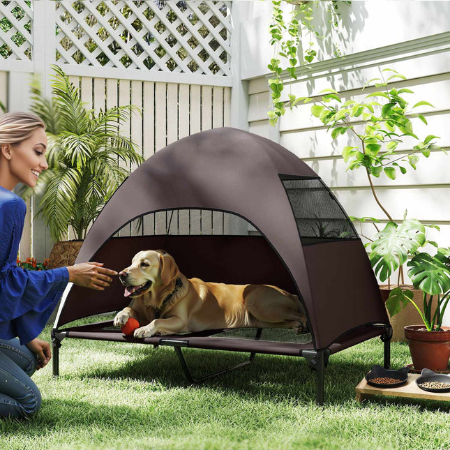 PAWROOM - Udendørs hundeseng med tag, forhøjet hundeseng til store hunde, kølende kæledyrsseng med vaskbar mesh metalramme bæretaske, kæledyrsseng til udendørs camping 106x76x99cm, kaffe