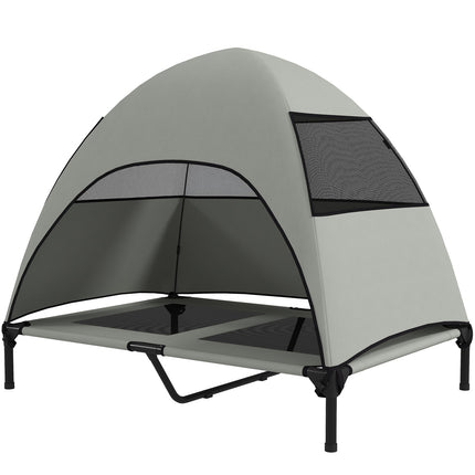 PAWROOM - Udendørs hundeseng med tag, forhøjet hundeseng til store hunde, kølende kæledyrsseng med vaskbar mesh metalramme bæretaske, kæledyrsseng til udendørs camping 106x76x99cm, lysegrå