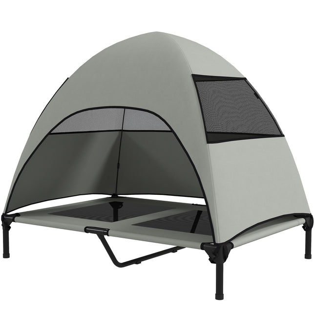 PAWROOM - Udendørs hundeseng med tag, forhøjet hundeseng til store hunde, kølende kæledyrsseng med vaskbar mesh metalramme bæretaske, kæledyrsseng til udendørs camping 106x76x99cm, lysegrå