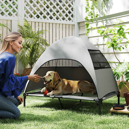PAWROOM - Udendørs hundeseng med tag, forhøjet hundeseng til store hunde, kølende kæledyrsseng med vaskbar mesh metalramme bæretaske, kæledyrsseng til udendørs camping 106x76x99cm, lysegrå