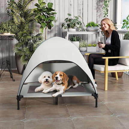 PAWROOM - Udendørs hundeseng med tag, forhøjet hundeseng til store hunde, kølende kæledyrsseng med vaskbar mesh metalramme bæretaske, kæledyrsseng til udendørs camping 106x76x99cm, lysegrå
