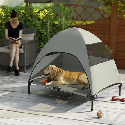 PAWROOM - Udendørs hundeseng med tag, forhøjet hundeseng til store hunde, kølende kæledyrsseng med vaskbar mesh metalramme bæretaske, kæledyrsseng til udendørs camping 106x76x99cm, lysegrå