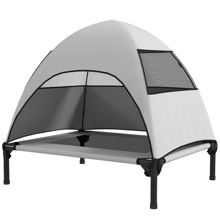 PAWROOM - Udendørs hundeseng med tag, forhøjet hundeseng til mellemstore hunde, kølende kæledyrsseng med vaskbar mesh metalramme bæretaske, kæledyrsseng til udendørs camping 76x61x71 cm, lysegrå