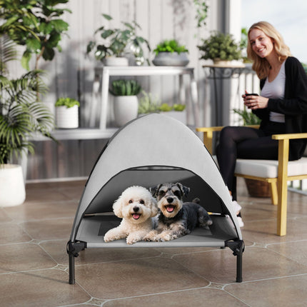 PAWROOM - Udendørs hundeseng med tag, forhøjet hundeseng til mellemstore hunde, kølende kæledyrsseng med vaskbar mesh metalramme bæretaske, kæledyrsseng til udendørs camping 76x61x71 cm, lysegrå