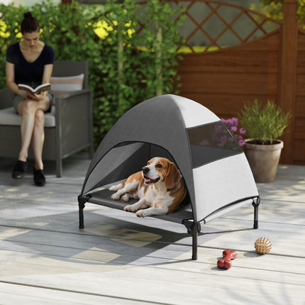 PAWROOM - Udendørs hundeseng med tag, forhøjet hundeseng til mellemstore hunde, kølende kæledyrsseng med vaskbar mesh metalramme bæretaske, kæledyrsseng til udendørs camping 76x61x71 cm, lysegrå