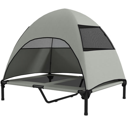 PAWROOM - Udendørs hundeseng med tag, forhøjet hundeseng til store hunde, kølende kæledyrsseng med vaskbar mesh metalramme bæretaske, kæledyrsseng til udendørs camping 91x76x90cm, lysegrå