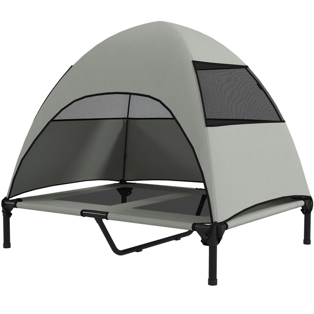PAWROOM - Udendørs hundeseng med tag, forhøjet hundeseng til store hunde, kølende kæledyrsseng med vaskbar mesh metalramme bæretaske, kæledyrsseng til udendørs camping 91x76x90cm, lysegrå