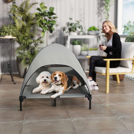 PAWROOM - Udendørs hundeseng med tag, forhøjet hundeseng til store hunde, kølende kæledyrsseng med vaskbar mesh metalramme bæretaske, kæledyrsseng til udendørs camping 91x76x90cm, lysegrå