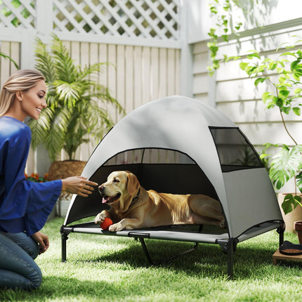 PAWROOM - Udendørs hundeseng med tag, forhøjet hundeseng til store hunde, kølende kæledyrsseng med vaskbar mesh metalramme bæretaske, kæledyrsseng til udendørs camping 91x76x90cm, lysegrå