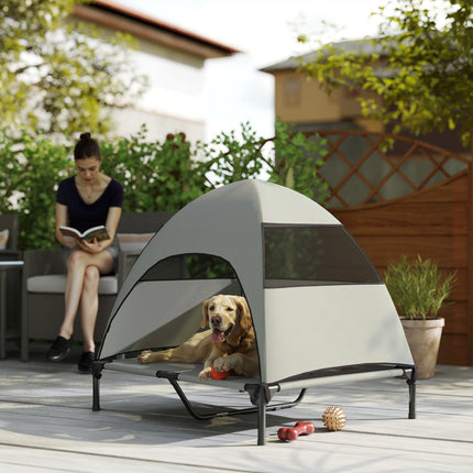 PAWROOM - Udendørs hundeseng med tag, forhøjet hundeseng til store hunde, kølende kæledyrsseng med vaskbar mesh metalramme bæretaske, kæledyrsseng til udendørs camping 91x76x90cm, lysegrå
