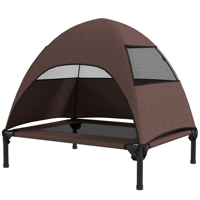 PAWROOM - Udendørs hundeseng med tag, Forhøjet hundeseng til mellemstore hunde, Kølende kæledyrsseng med vaskbar mesh metalramme bæretaske, kæledyrsseng til udendørs camping 76x61x71 cm, kaffe