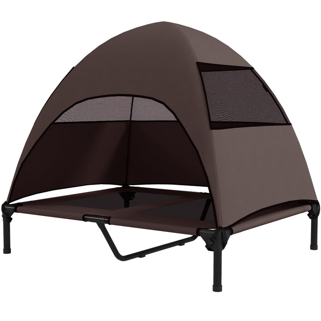 PAWROOM - Udendørs hundeseng med tag, forhøjet hundeseng til store hunde, kølende kæledyrsseng med vaskbar mesh metalramme bæretaske, kæledyrsseng til udendørs camping 91x76x90cm, kaffe