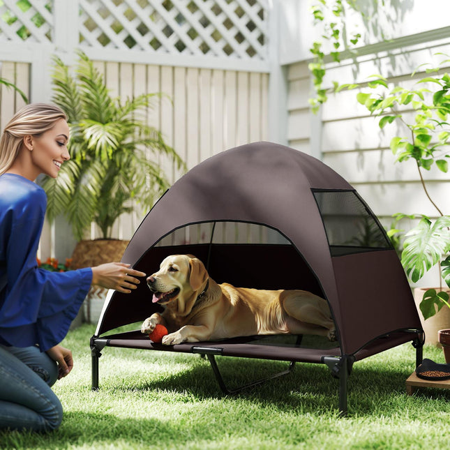 PAWROOM - Udendørs hundeseng med tag, forhøjet hundeseng til store hunde, kølende kæledyrsseng med vaskbar mesh metalramme bæretaske, kæledyrsseng til udendørs camping 91x76x90cm, kaffe