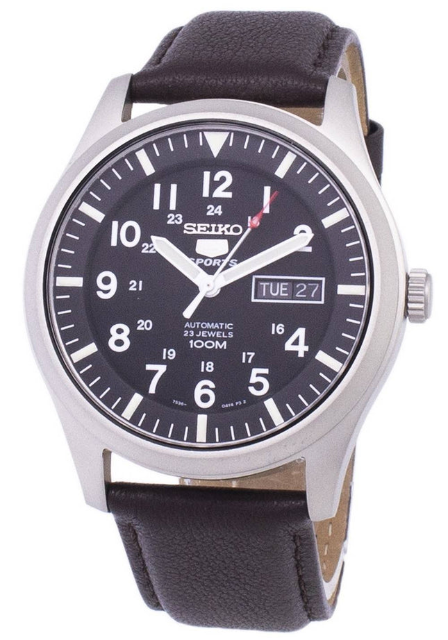 Seiko 5 Sports Automatisk mörkbrunt läder SNZG15K1-var-LS11 100M herrklocka