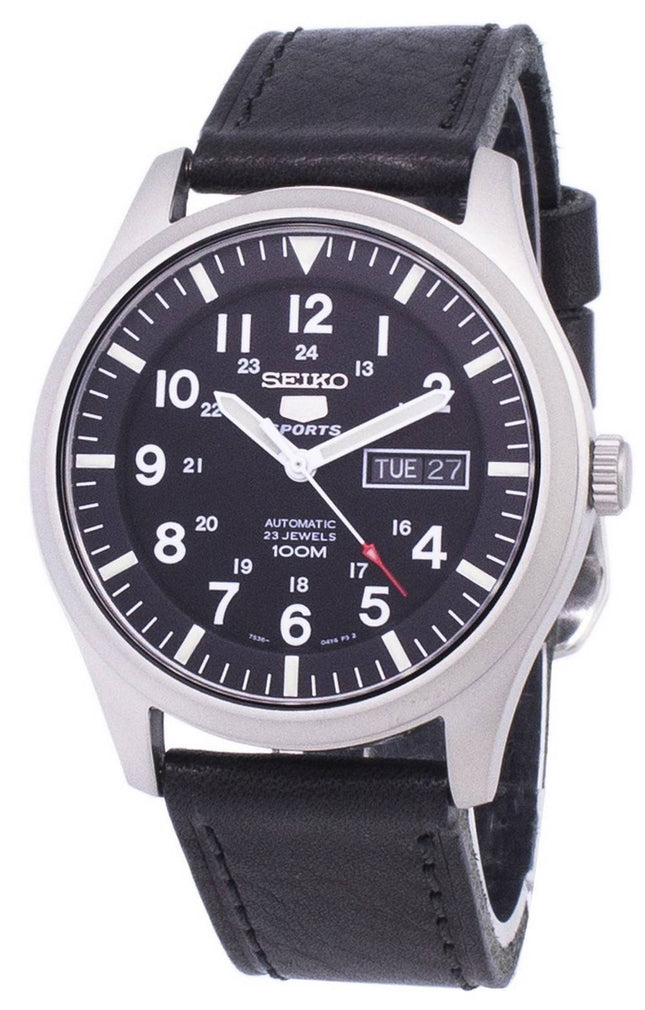 Seiko 5 Sports Automatisk svart läder SNZG15K1-var-LS8 100M herrklocka